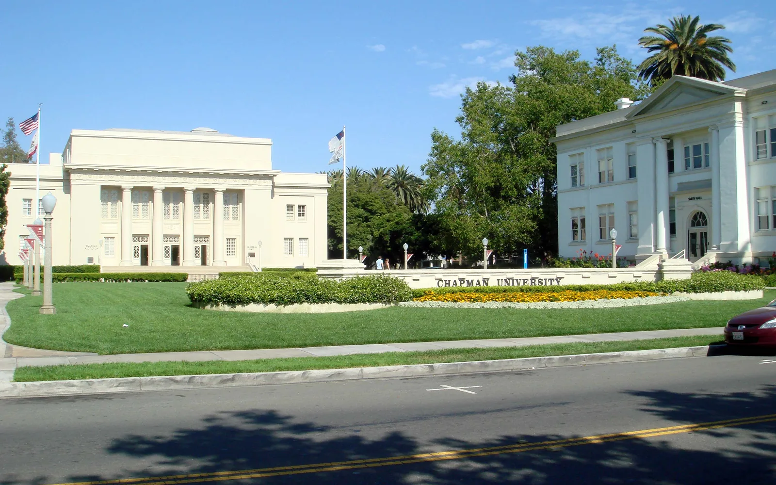 Chapman University's Williams Mall campus with Memorial Hall and Smith Hall visible, showing the 90-acre Orange campus
